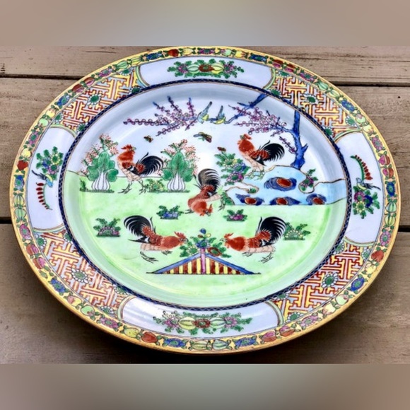 Vintage Chinese Antique Gold Trim Ornate Hand Painted 5 Rooster Decorative Plate - Picture 3 of 10